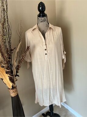 NWOT Light Cream Mini Shirt Dress with Button Placket and Roll-Tab Sleeves